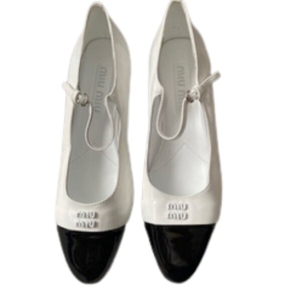 Miu Miu Shoes - MIU MIU CAP TOE MARY JANE PUMPS, 38, KITTEN HEEL, WHITE BLACK, LUXURY DESIGNER